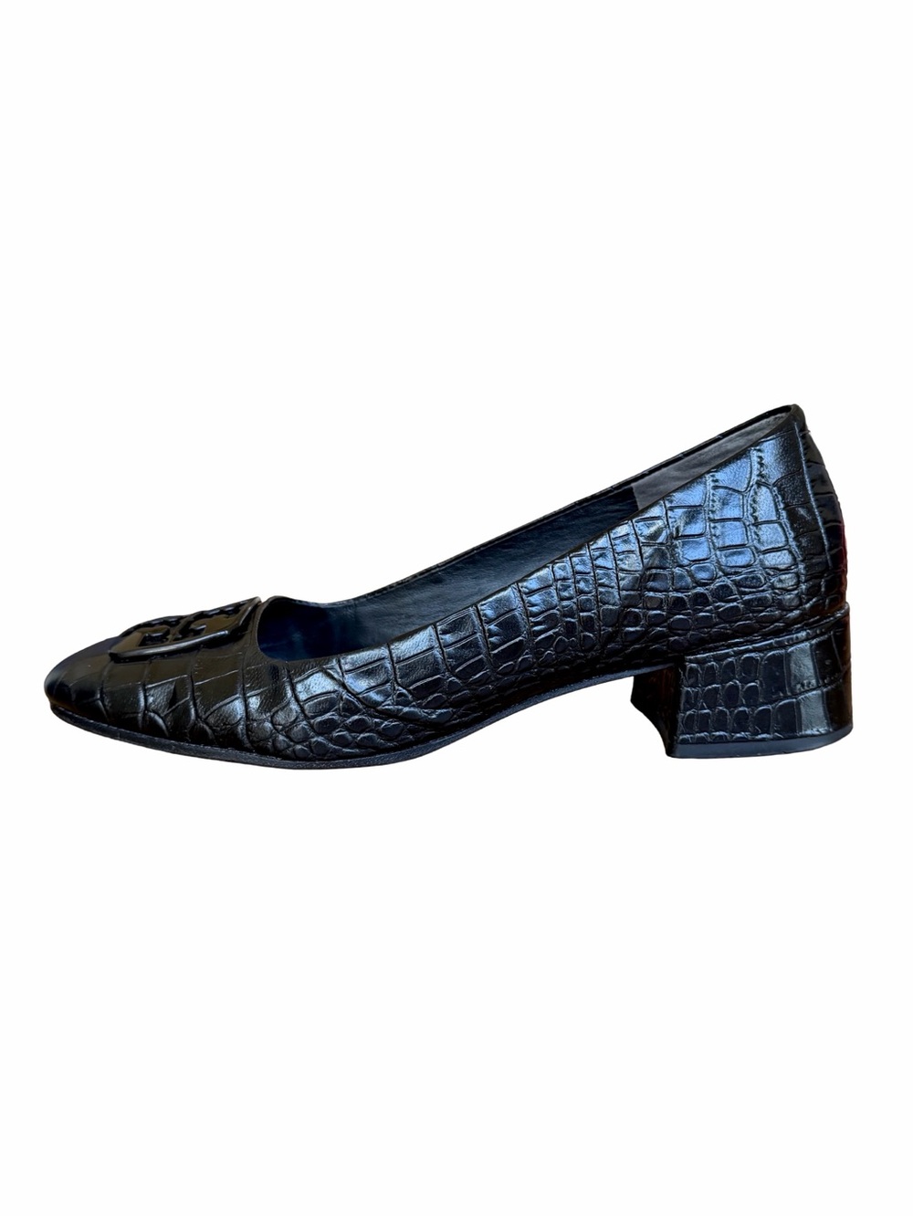 Tory Burch Georgia Black Croc Embossed Leather Block Heel Pumps 9.5